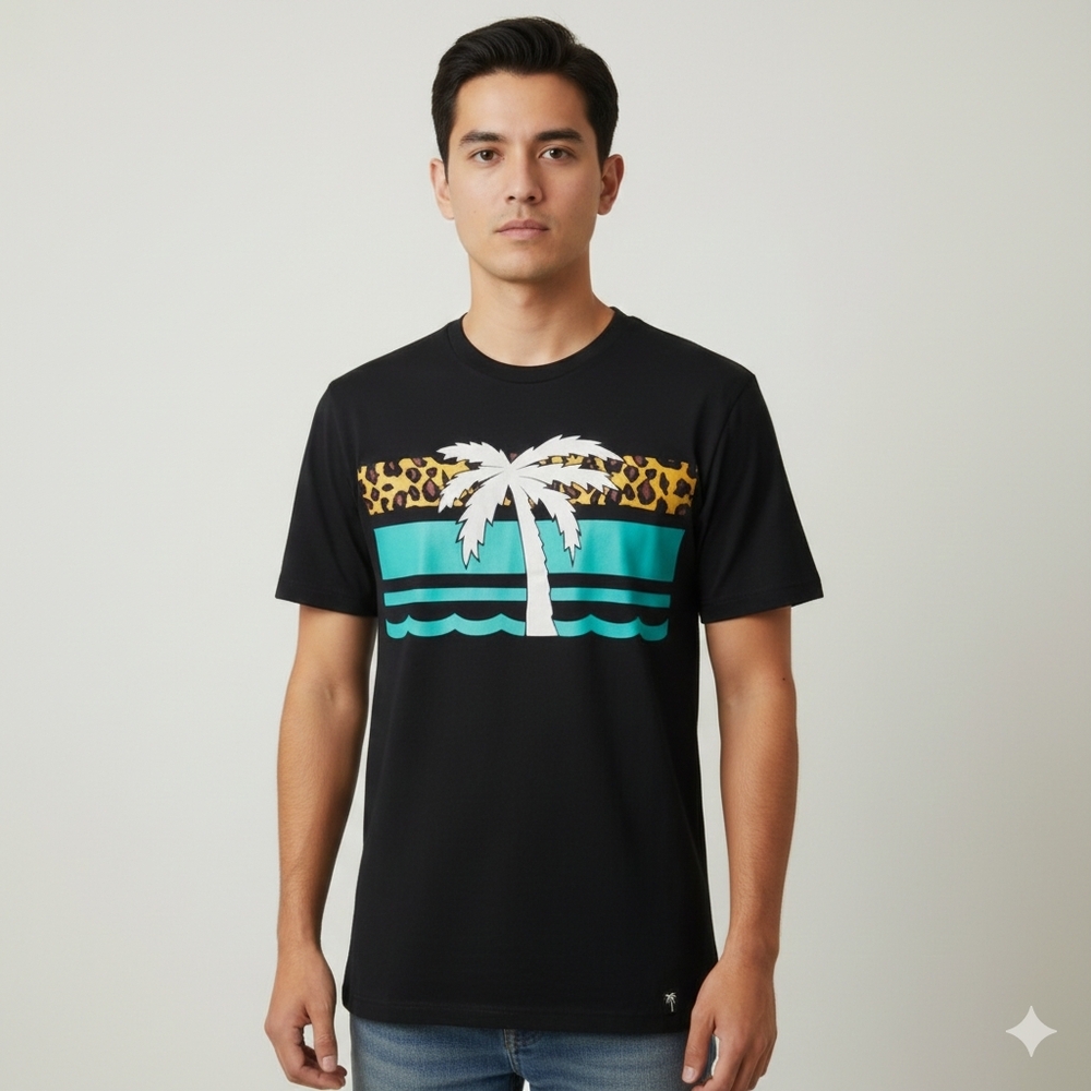 Blvd Supply Men's Black Palm Tree Graphic Short Sleeve Crewneck T-Shirt Medium🐈